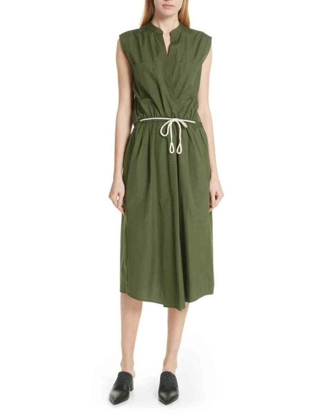 VINCE Cedar Green Rope Belted Open Cutout Back Cotton Utility Midi Dress Small